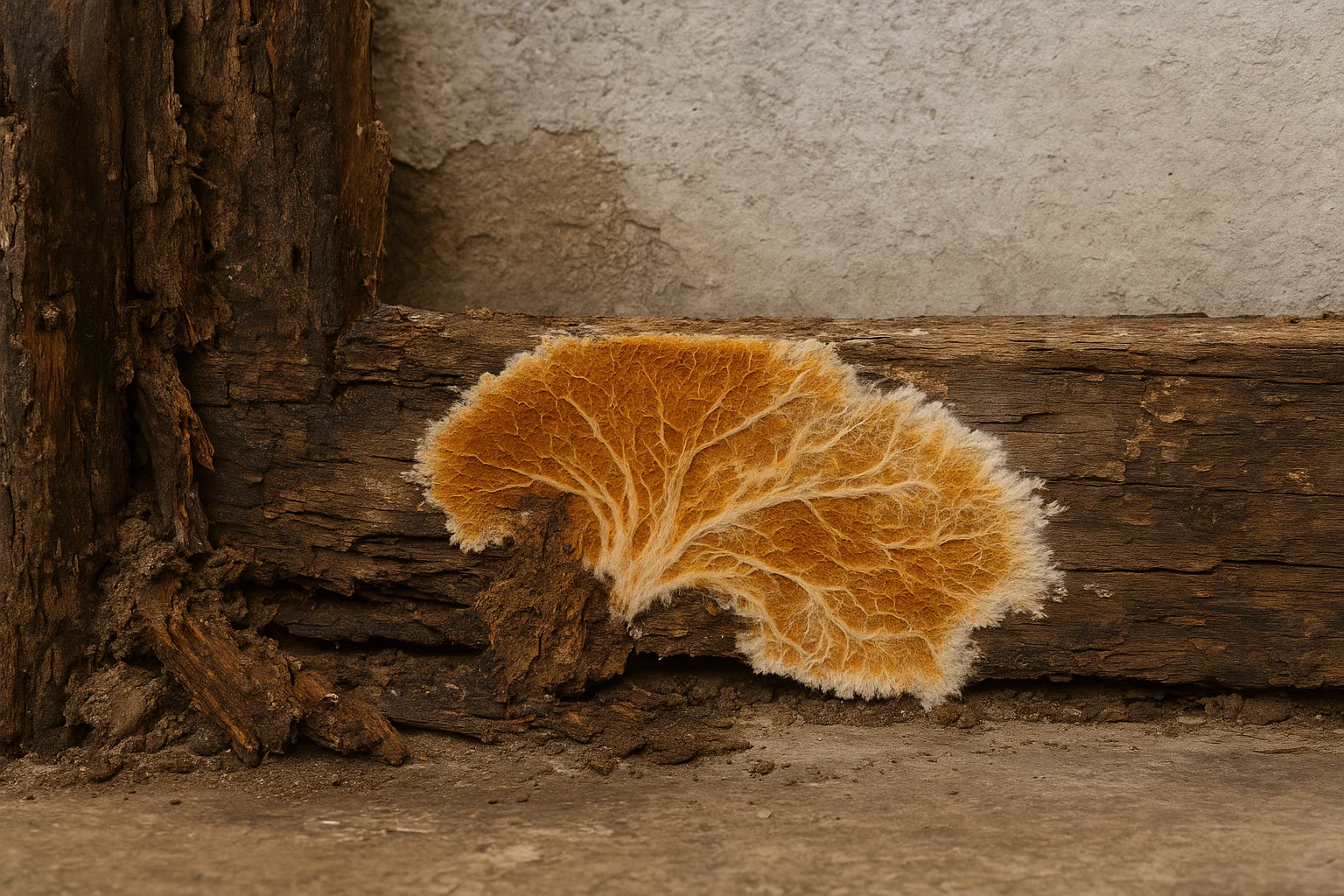 Orange fungus on decaying wood with wall background.