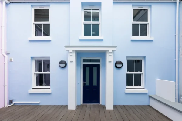Light blue house exterior with blue door.