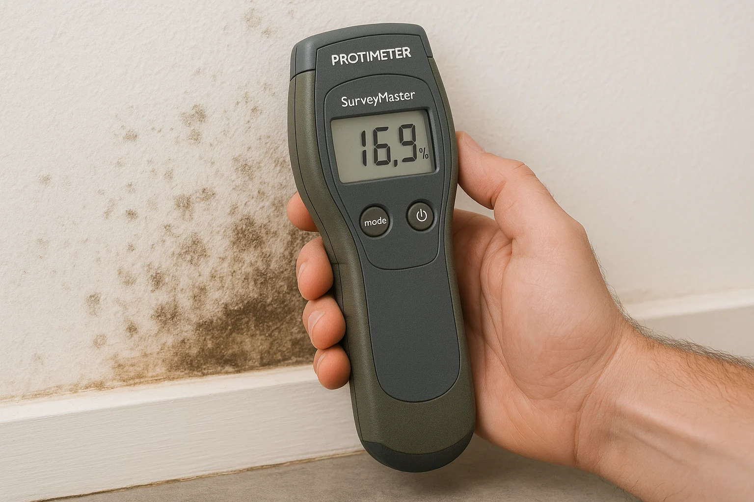 Moisture meter reading 16.9% on mouldy wall.