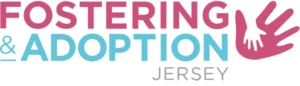 Fostering and Adoption Jersey logo with hand design.